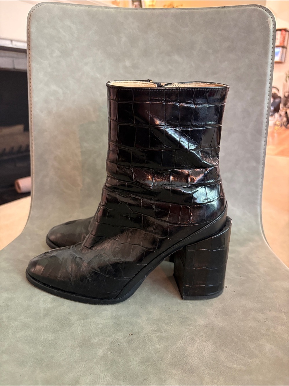 Dear Frances Black Croc-Embossed Leather Block Heel Ankle Boots